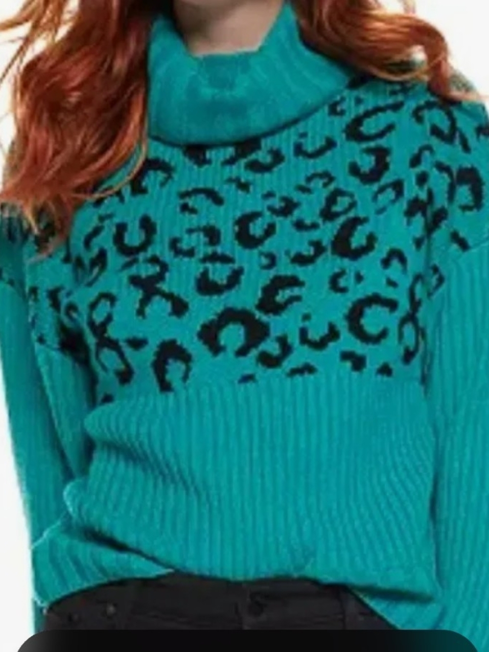 NINE WEST Teal Leopard Print Oversized Ribbed Turtleneck Sweater  S